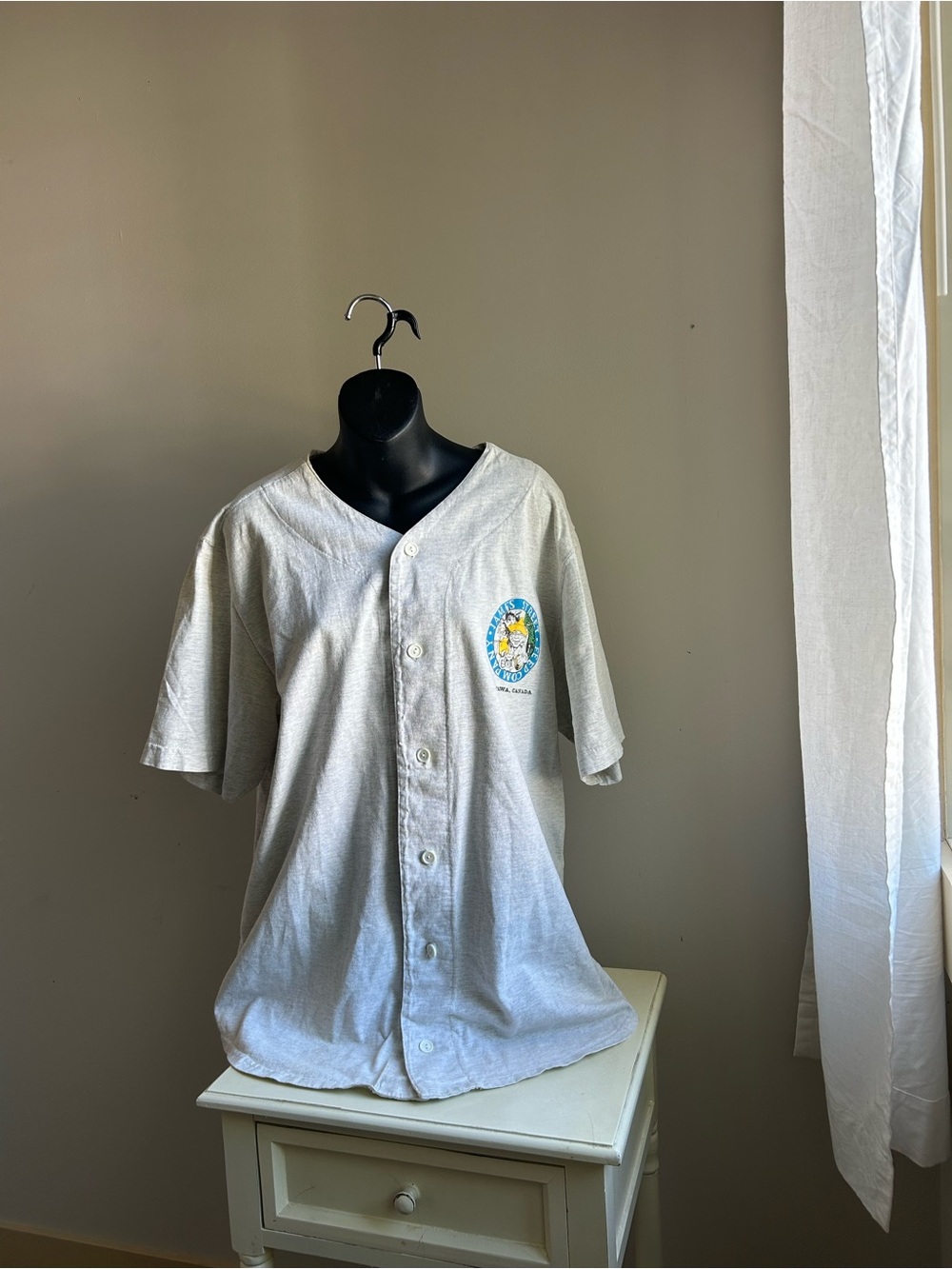 Men's Light Gray Button Baseball Jersey with Small Chest Graphic 100% Cotton